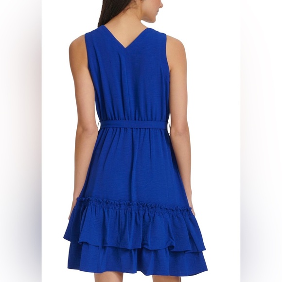 Calvin Klein V-Neck Sleeveless A-Line Cobalt Blue Layered MIDI Dress NWT 10 - Picture 3 of 12